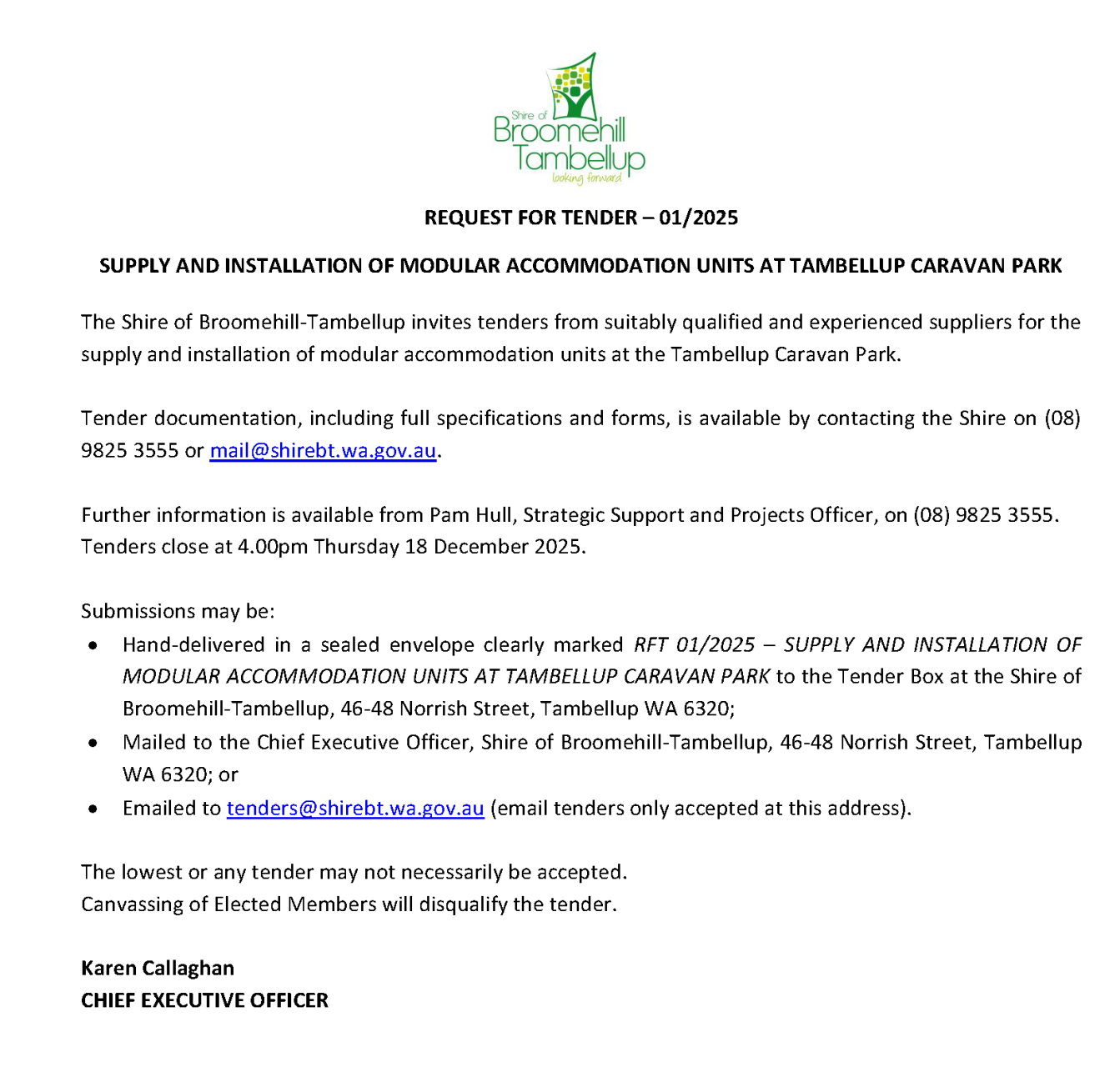 Advertisement - Tender 01/2025 Tambellup Caravan park accommodation units