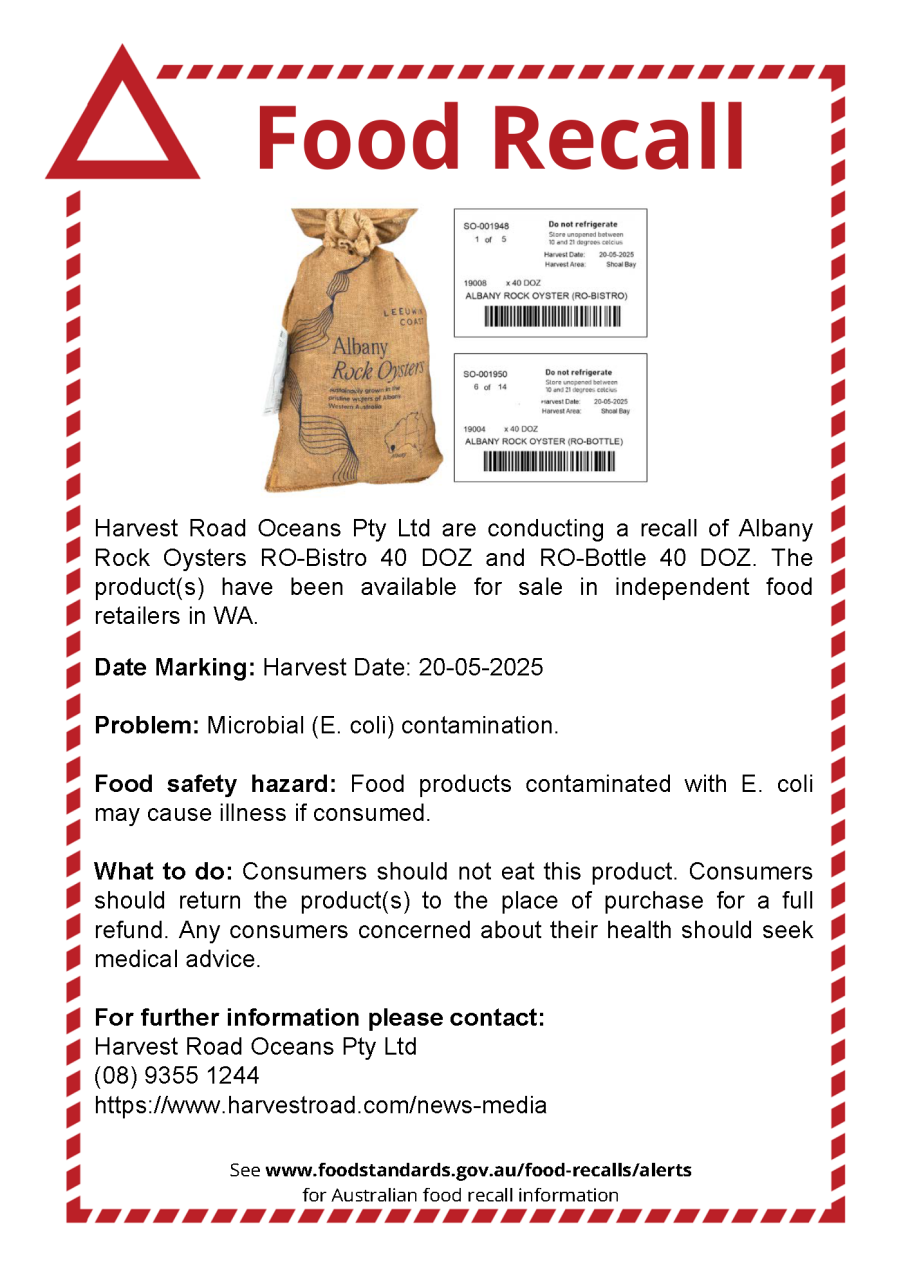 Food recall notice - Harvest Road Oceans