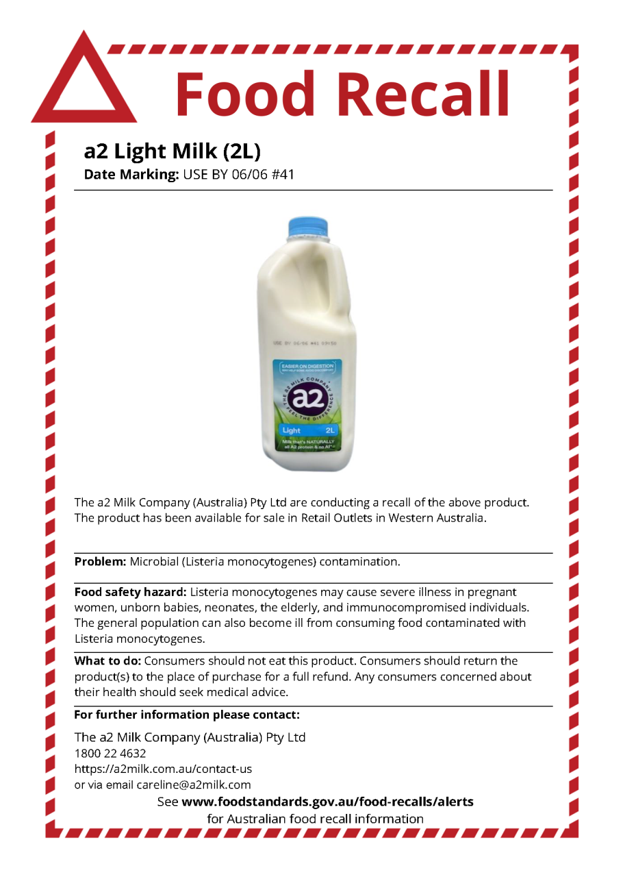 Food recall notice - a2 Light Milk (2L)