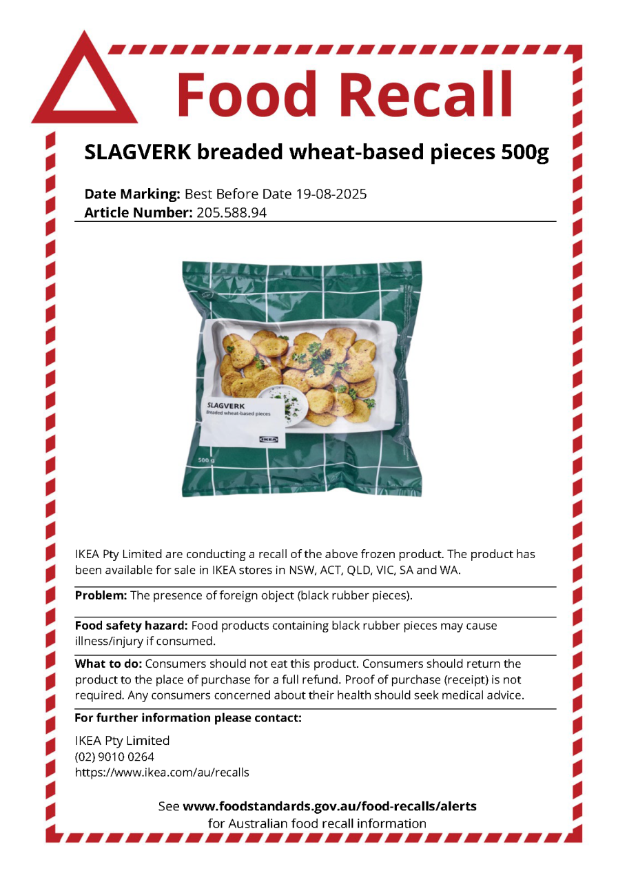 Food recall notice - SLAGVERK breaded wheat-based pieces