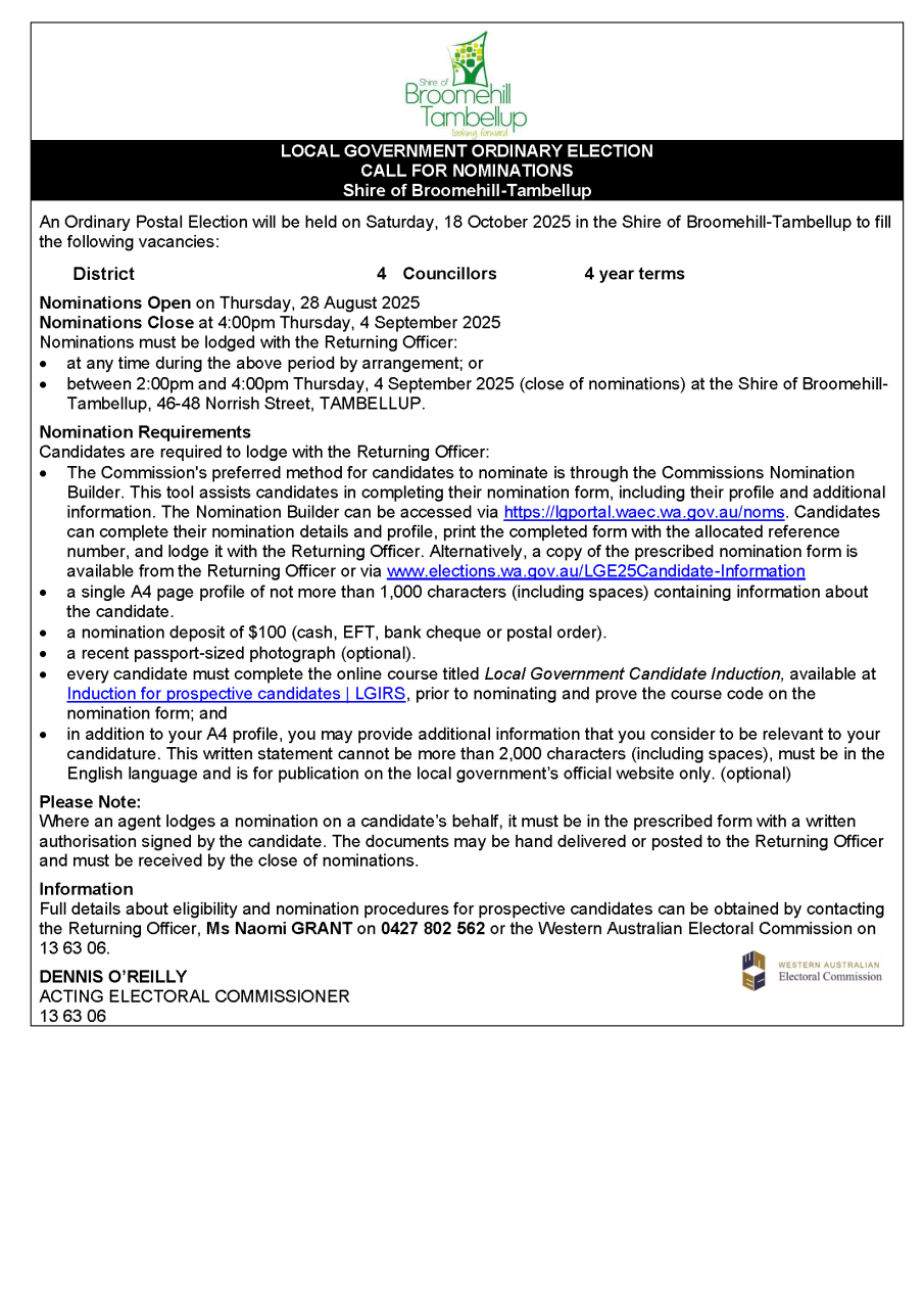 LOCAL GOVERNMENT ORDINARY ELECTION CALL FOR NOMINATIONS 