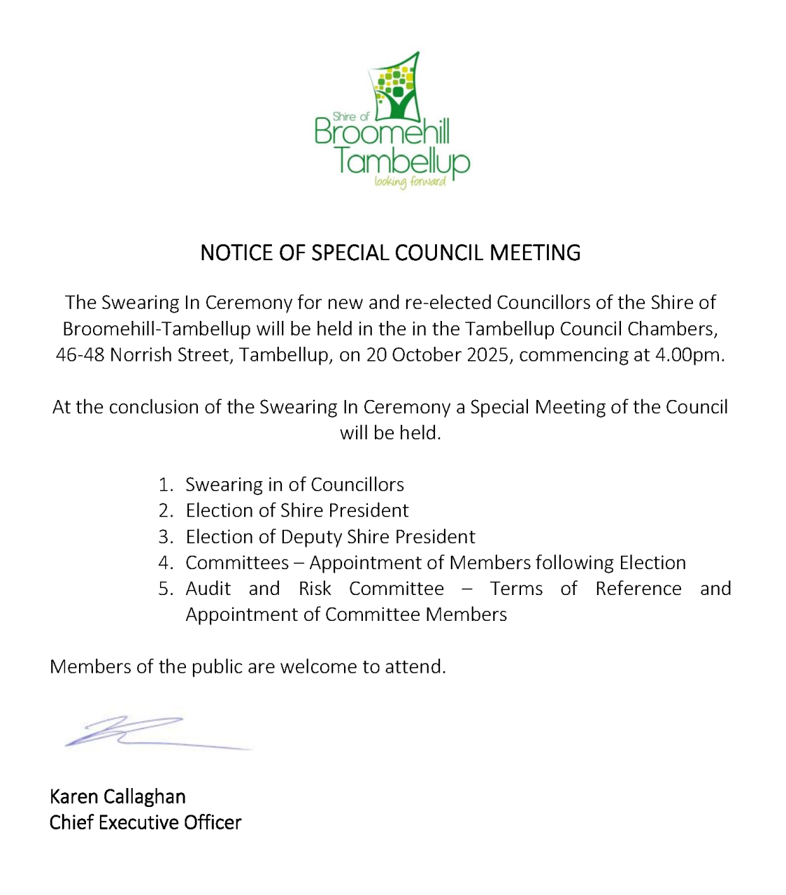 Public Notice of Special Council Meeting